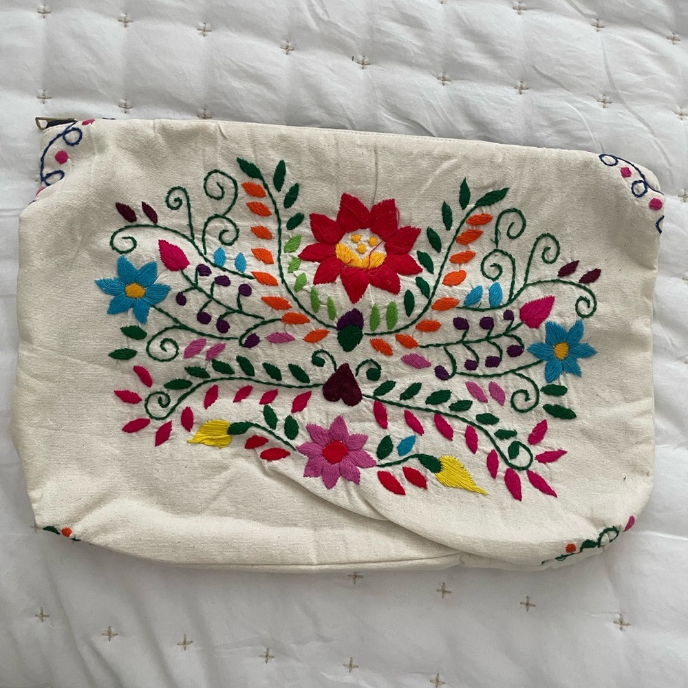 Embroidered Floral Canvas Clutch